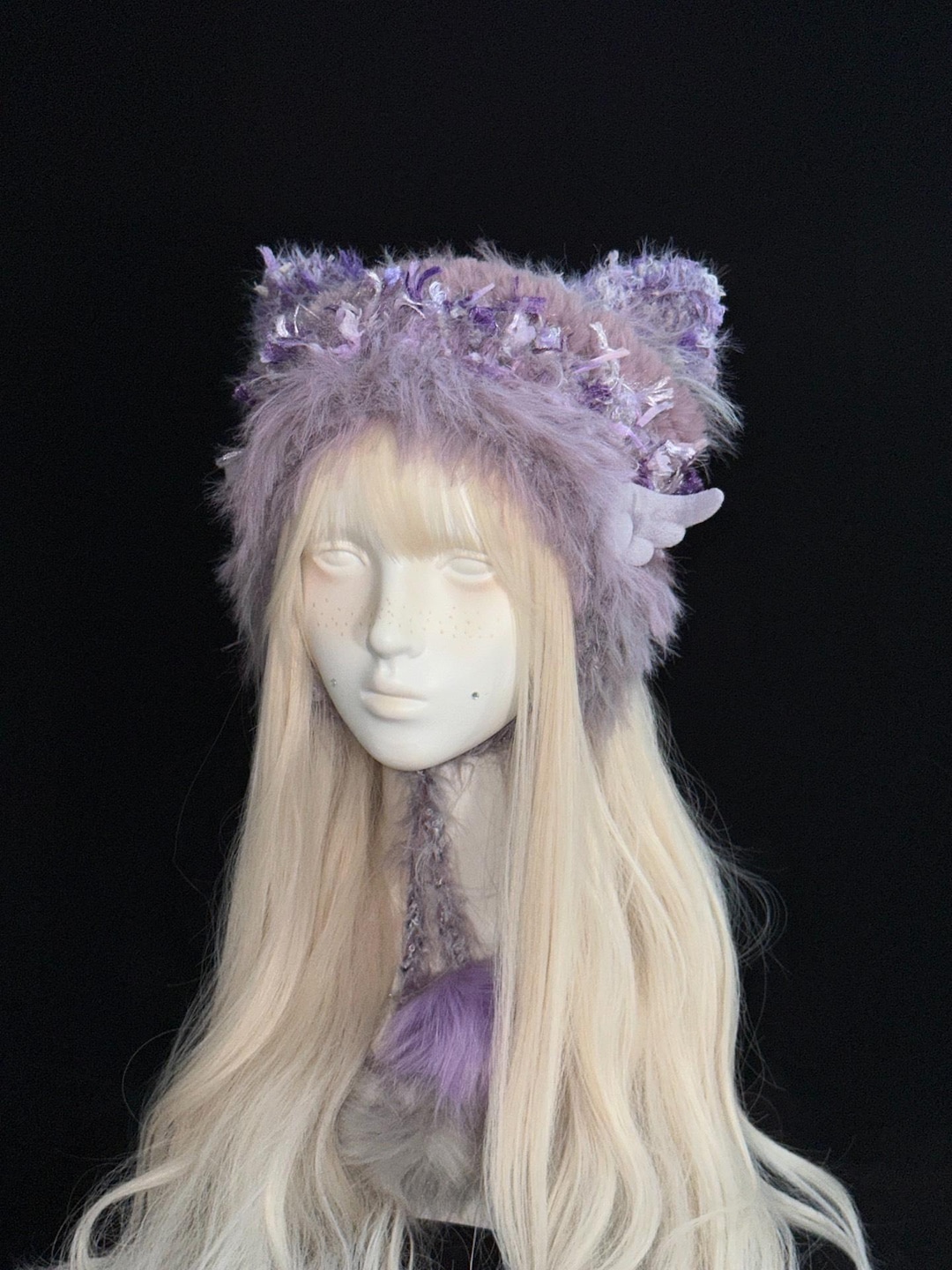 ハンドメイドのコールドミストパープル猫耳帽子（取り外し可能な羽付き