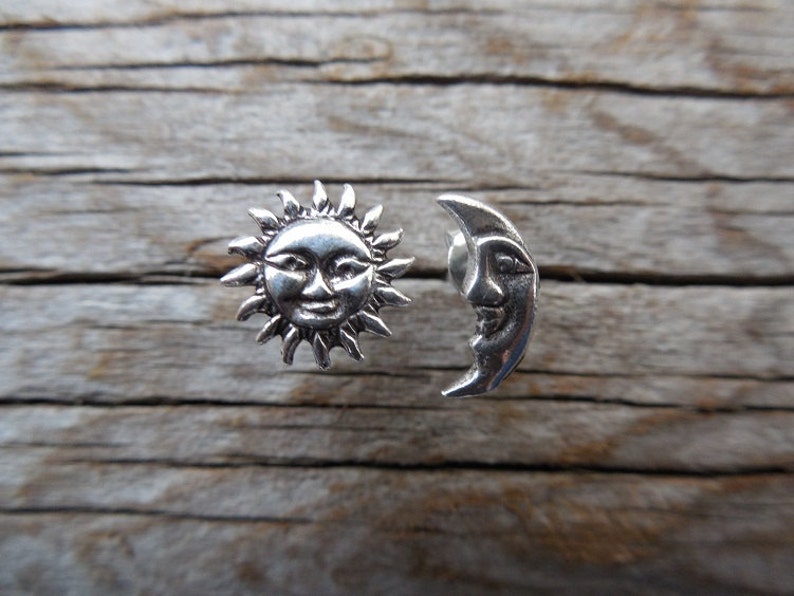 Sun and moon stud earrings handmade in sterling silver image 3