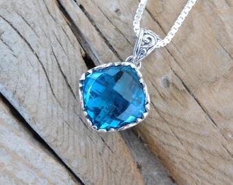 London blue topaz necklace handmade in sterling silver 925 with a beautiful cushion cut London blue topaz