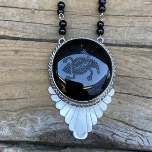 Large black jet necklace with a etched horned lizard handmade and signed in sterling silver 925 with black onyx beads