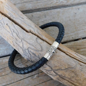 Braided black leather bracelet handmade with a sterling silver 925 catch