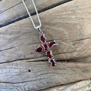 ON SALE Beautiful garnet cross necklace handmade in sterling silver 925 with well matched oval garnet stones
