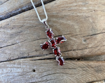 ON SALE Beautiful garnet cross necklace handmade in sterling silver 925 with well matched oval garnet stones