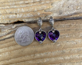 Beautiful Heart Shape Deep Purple Amethyst Earrings Handmade