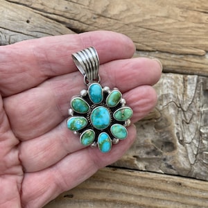 Beautiful nine stone turquoise pendant handmade and signed in sterling silver 925 with gorgeous stones