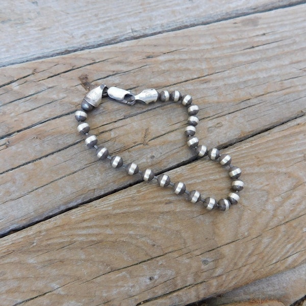 Beaded chain bracelet 4mm wide 7" long handmade in sterling silver 925 antiqued with a hand done satin finish