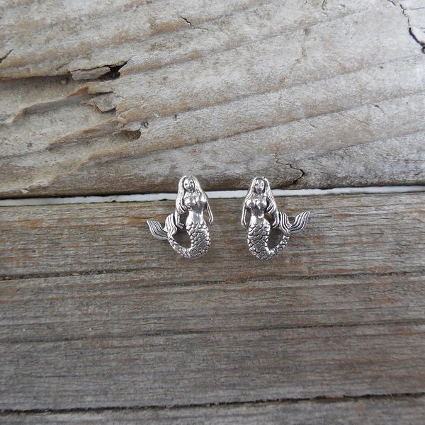 Small Mermaid stud earring handmade in sterling silver 925