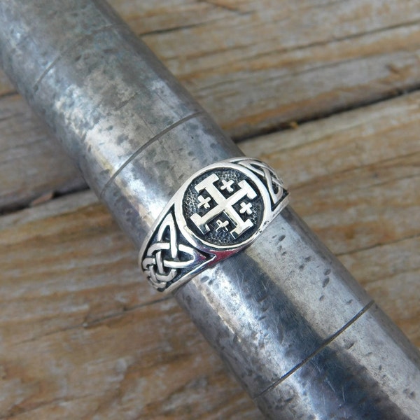 Jerusalem Cross band with Celtic knots on the sides handmade in sterling silver 925