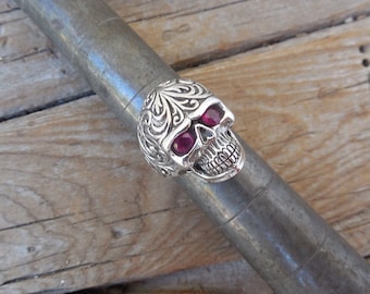 Beautiful Sugar Skull ring ring handmade in sterling silver 925 with red cz's set in the eyes