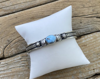 Gorgeous Golden Hills turquoise cuff bracelet handmade and signed in sterling silver 925 with a beautiful stone and gorgeous hand stamping