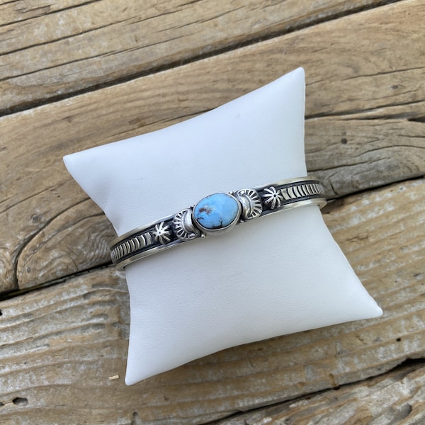 Gorgeous Golden Hills turquoise cuff bracelet handmade and signed in sterling silver 925 with a beautiful stone and gorgeous hand stamping