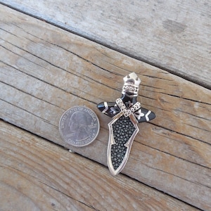 Medieval sword pendant handmade in sterling silver 925 with black enamel and stingray