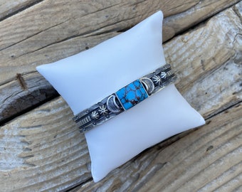 Beautiful blue Desert Web turquoise cuff bracelet handmade and signed in sterling silver with a gorgeous stone beautiful hand stamping