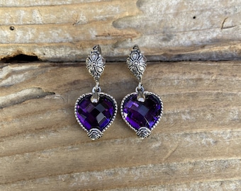 Beautiful heart shape deep purple amethyst earrings handmade in sterling silver 925 with gorgeous stones