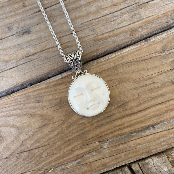 Moon Face necklace handmade in sterling silver 925 with a moon face carved from bone