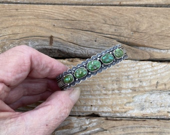 Gorgeous five stone Sonoran turquoise cuff bracelet handmade and signed in sterling silver with beautiful green Sonoran turquoise stones