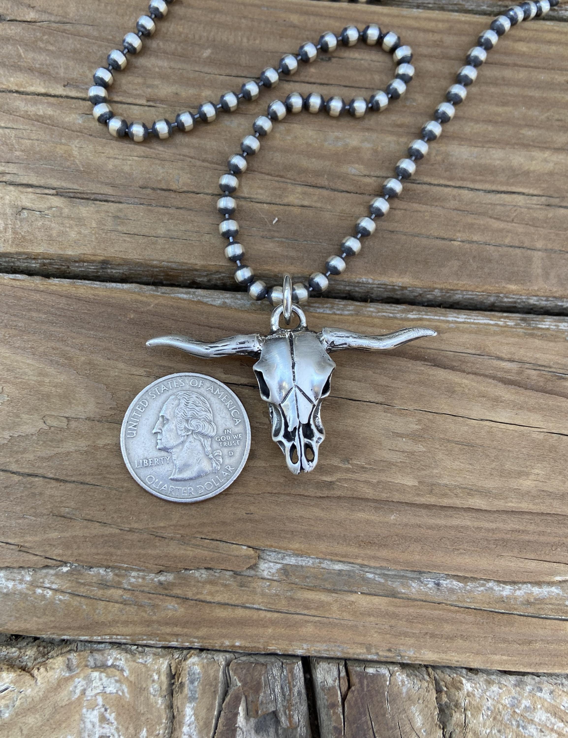 Texas Longhorn Skull Necklace Handmade in Sterling Silver With 4mm 