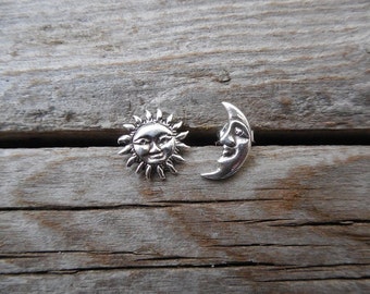 Sun and moon stud earrings handmade in sterling silver