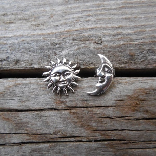 Sun and moon stud earrings handmade in sterling silver
