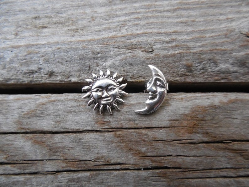 Sun and moon stud earrings handmade in sterling silver image 1