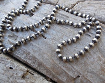 Beaded chain necklace 30" long, 4mm in sterling silver 925, antiqued with a satin finish