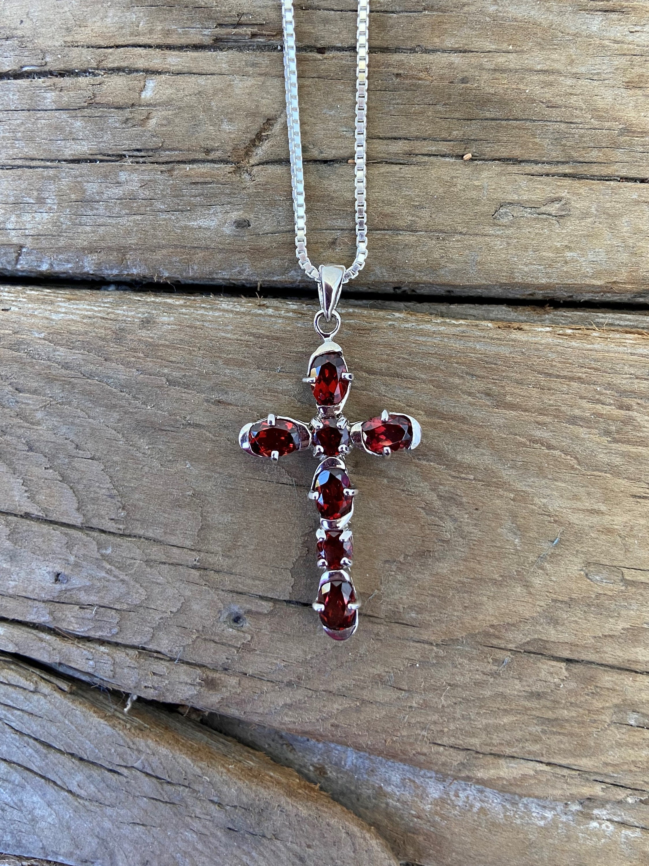 Beautiful Red Garnet Cross Necklace Handmade in Sterling Silver