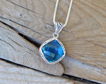London blue topaz necklace handmade in sterling silver 925 with a beautiful cushion cut London blue