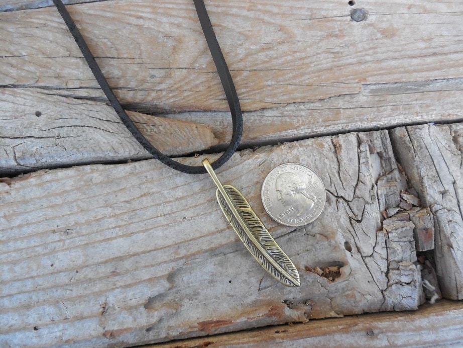 Feather Necklace Handmade and Antiqued in Brass and on a Black