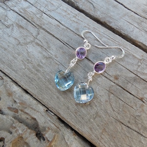 Heart shape sky blue topaz earrings with a amethyst handmade in sterling silver