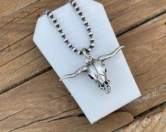 Texas longhorn skull necklace handmade in sterling silver with 4mm beaded chain also in sterling silver