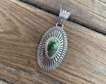 Turquoise stamped pendant handmade and signed in sterling silver 925, with a beautiful green Sonoran Gold turquoise stone