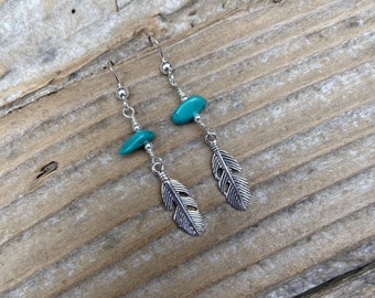 Turquoise feather earrings handmade in sterling silver 925 with Hubei turquoise