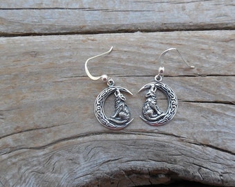 Celtic moon earrings handmade in sterling silver 925 with a wolf howling at the moon