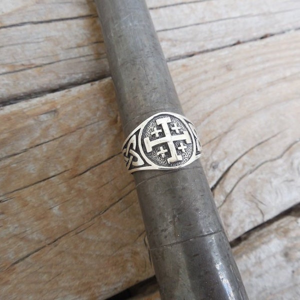 The Jerusalem Cross ring with Celtic triquetras on the sides handmade in sterling silver 925