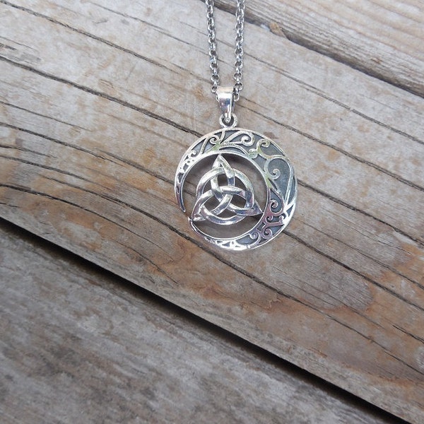 Celtic moon necklace with a triquetra in the center handmade in sterling silver 925