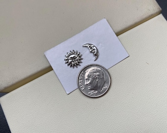 Sun and moon stud earrings handmade in sterling silver