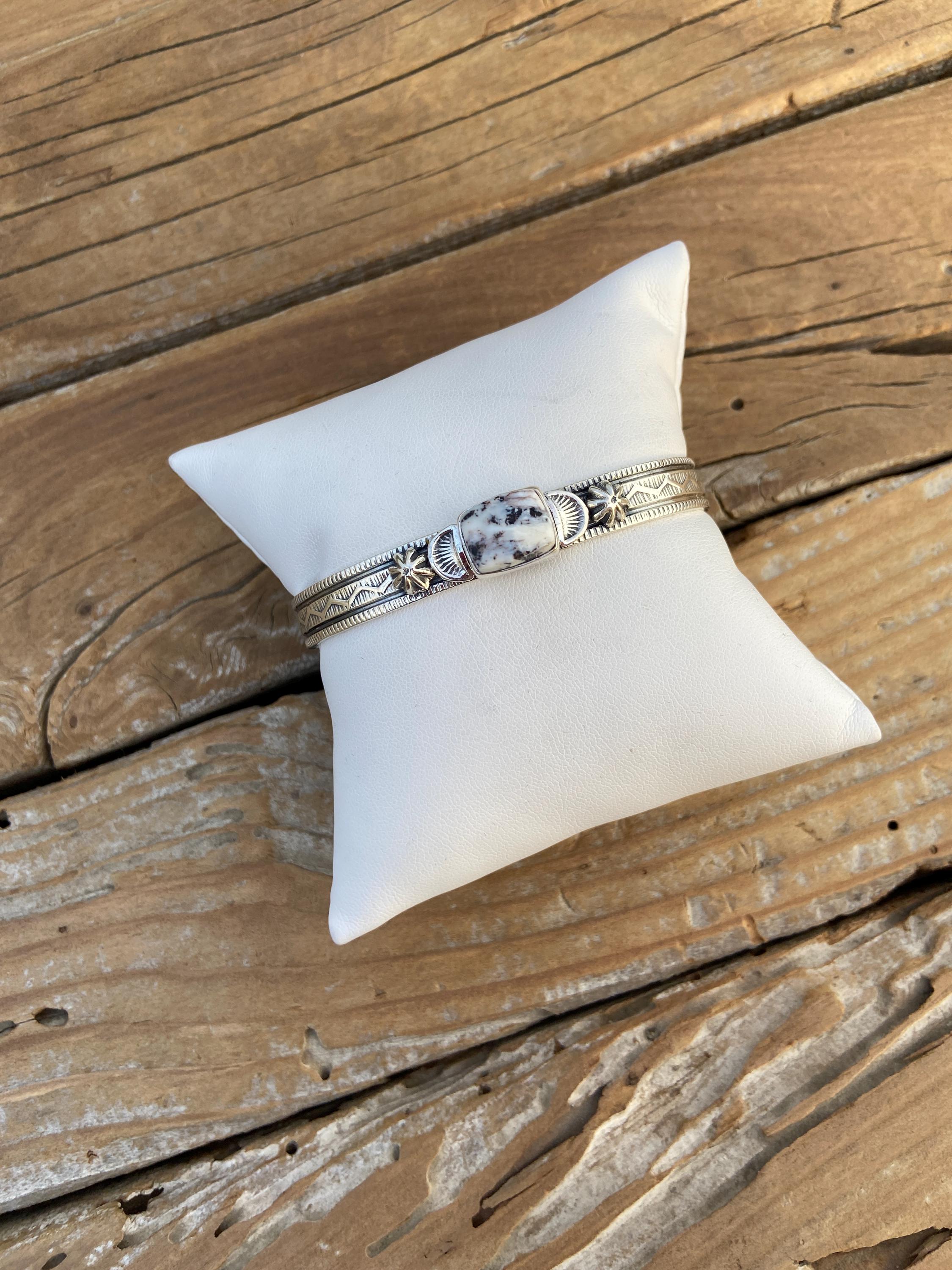 Gorgeous White Buffalo cuff bracelet handmade and signed in sterling silver with a beautiful stone and gorgeous stamping