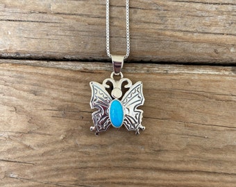 Butterfly necklace handmade and signed in sterling silver 925 with Kingman turquoise