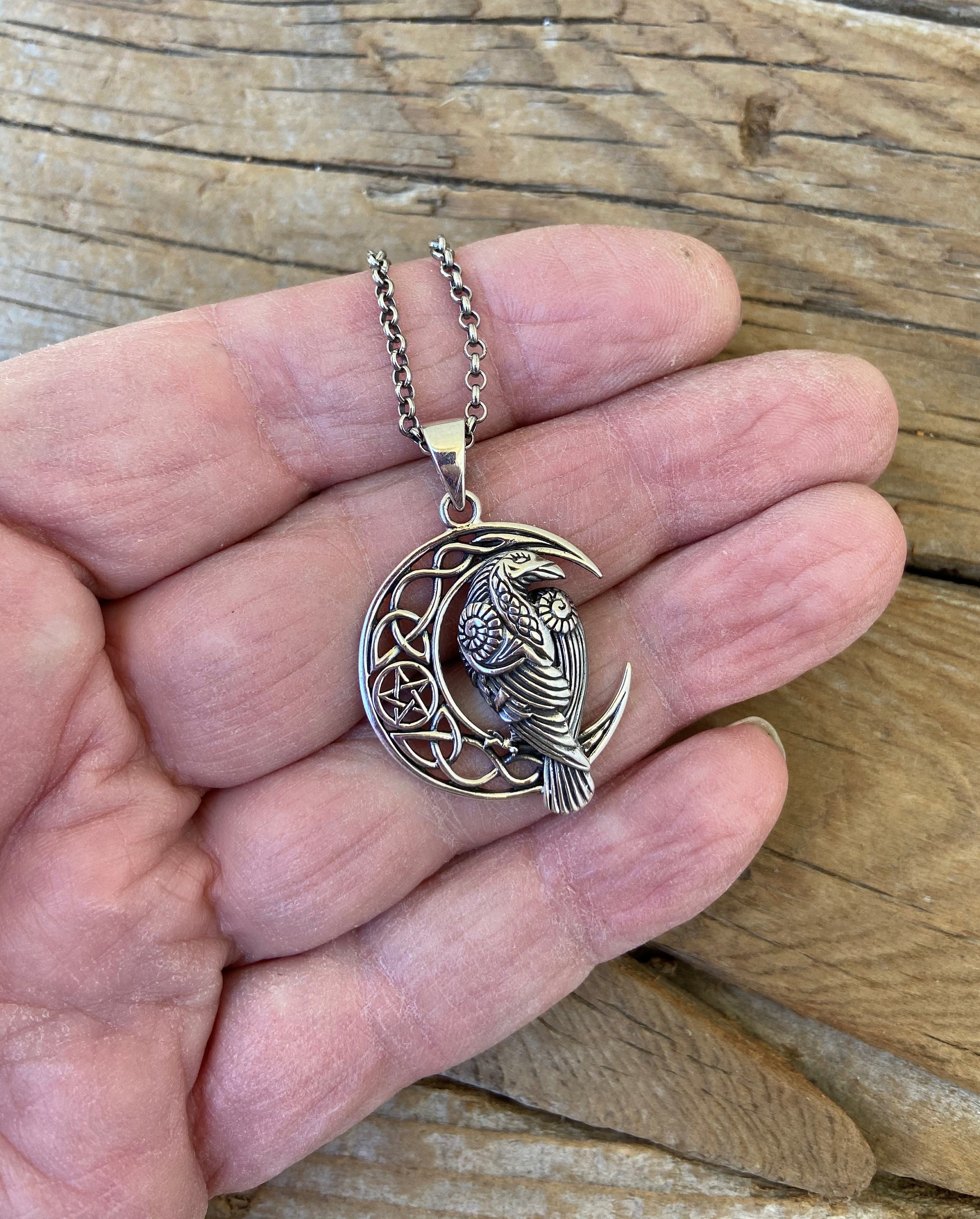 Collier Pendentif Celtique Lune Et Corbeau - Argent Sterling 925 - Marque 81stgeneration - Neuf