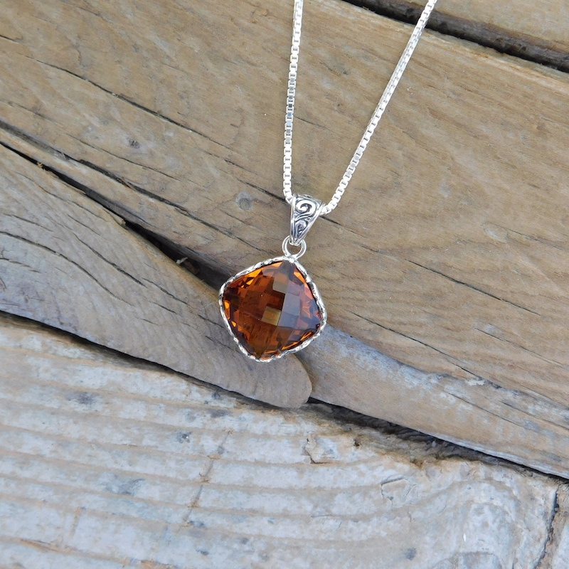 Genuine Madeira Citrine and Lab Diamond Silver Cushion Cut Halo Necklace