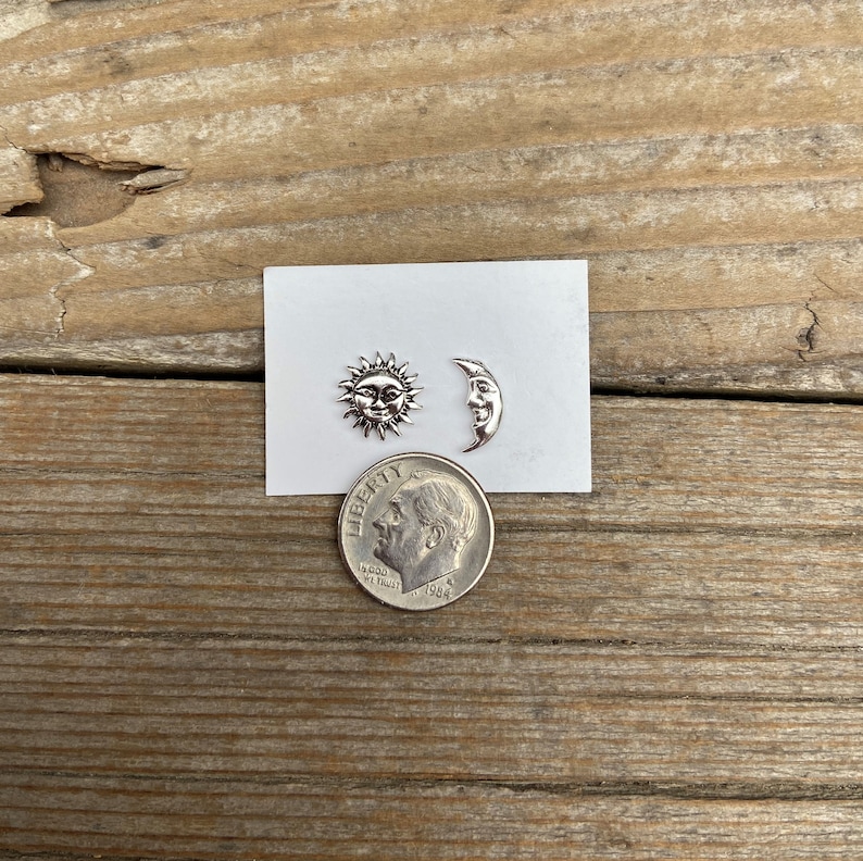 Sun and moon stud earrings handmade in sterling silver image 2