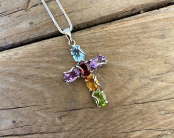 ON SALE Multi Stone Cross Necklace Handmade in Sterling Silver 925 With Amethyst Garnet Citrine Peridot and Blue Topaz Etsy