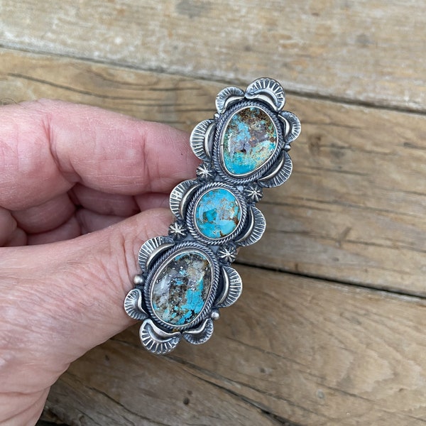 Beautiful three stone Candelaria turquoise ring handmade and signed in sterling silver 925 with gorgeous stones