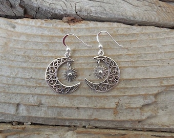 Moon and sun earrings handmade in sterling silver 925