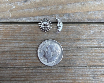 Sun and moon stud earrings handmade in sterling silver