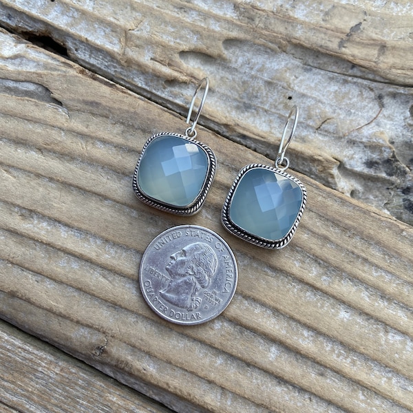 Pale blue chalcedony earrings handmade in sterling silver with checkerboard pale blue cut chalcedony stones