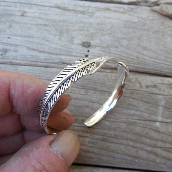 Feather cuff bracelet handmade in sterling silver 925