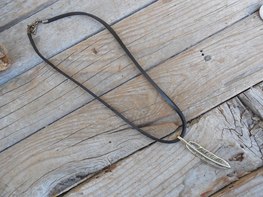 Feather Necklace Handmade and Antiqued in Brass and on a Black