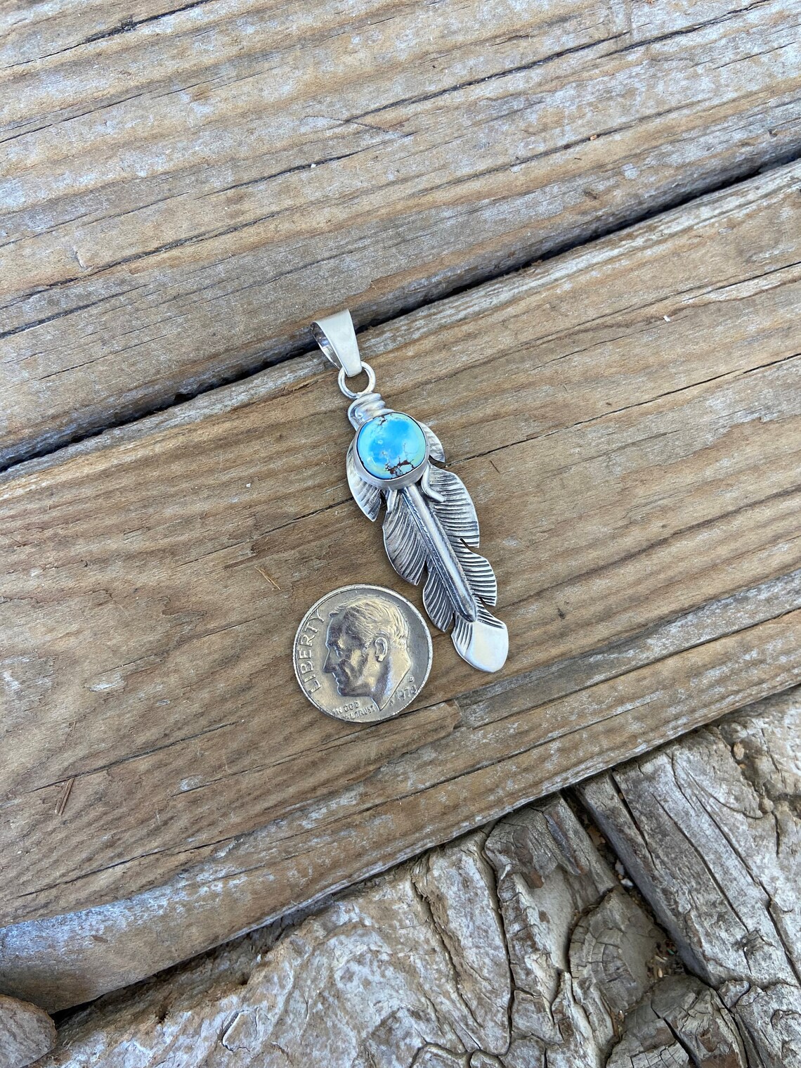 ON SALE Turquoise feather pendant handmade and signed in Etsy