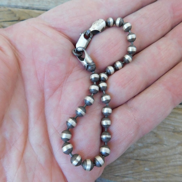 Beaded chain bracelet 4mm wide 8" long handmade in sterling silver 925 antiqued with a hand done satin finish